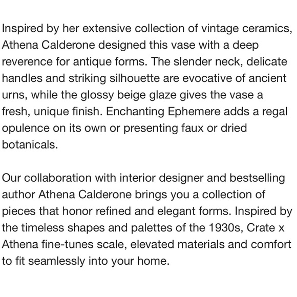 CRATE&BARREL X ATHENA CALDERONE  NWT  ephemere light beige ceramic vase -14” - Picture 7 of 7